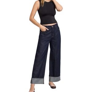Good American Good Standard Baggy Jeans, Dark Blue Cuffed Wide-Leg
